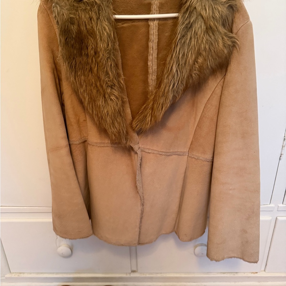 Guess Tan Teddy Jacket with Faux Fur Collar
